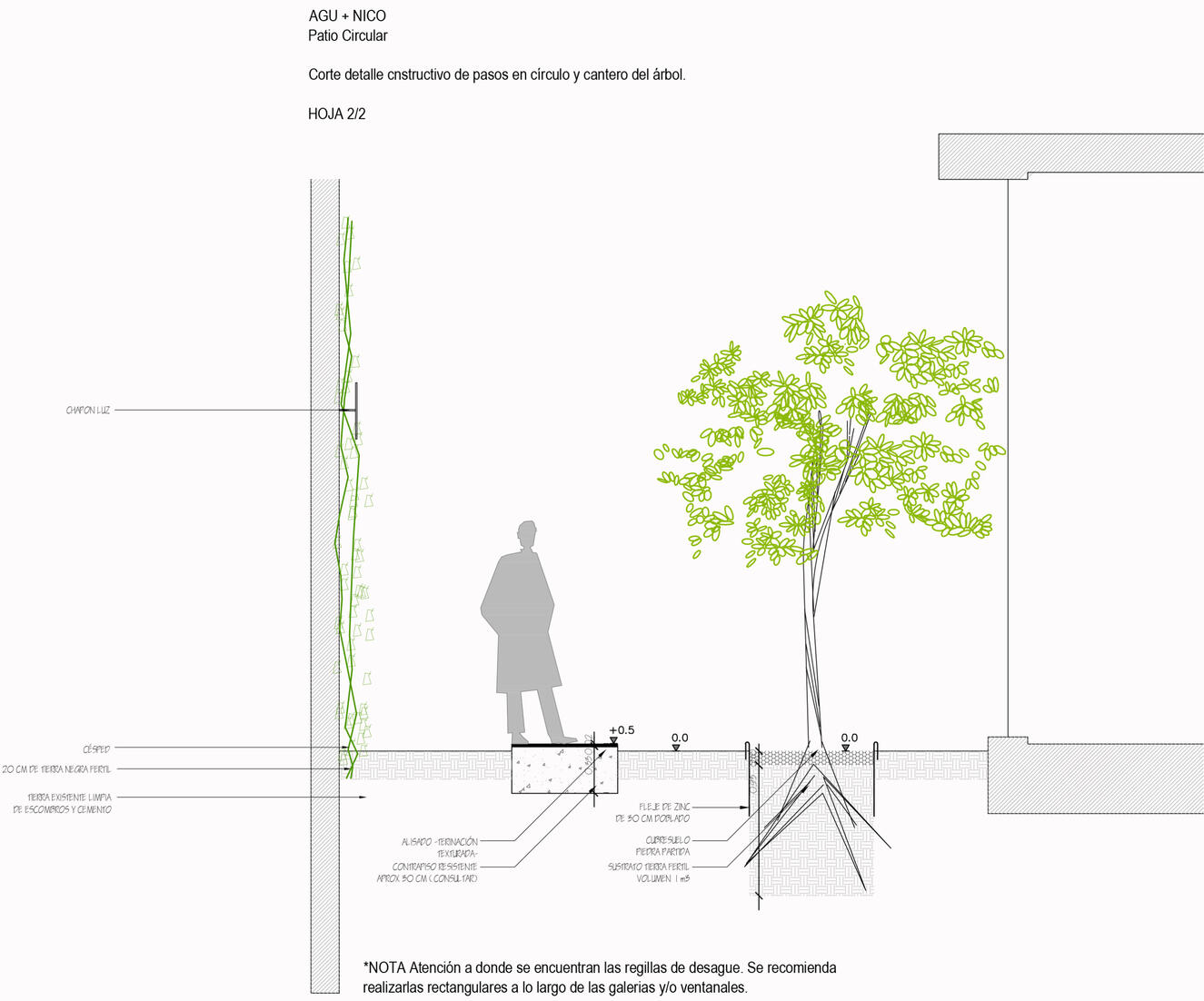 Jardin Los Naranjos. Detalles constructivos del patio circular. (Los Perales 2019)